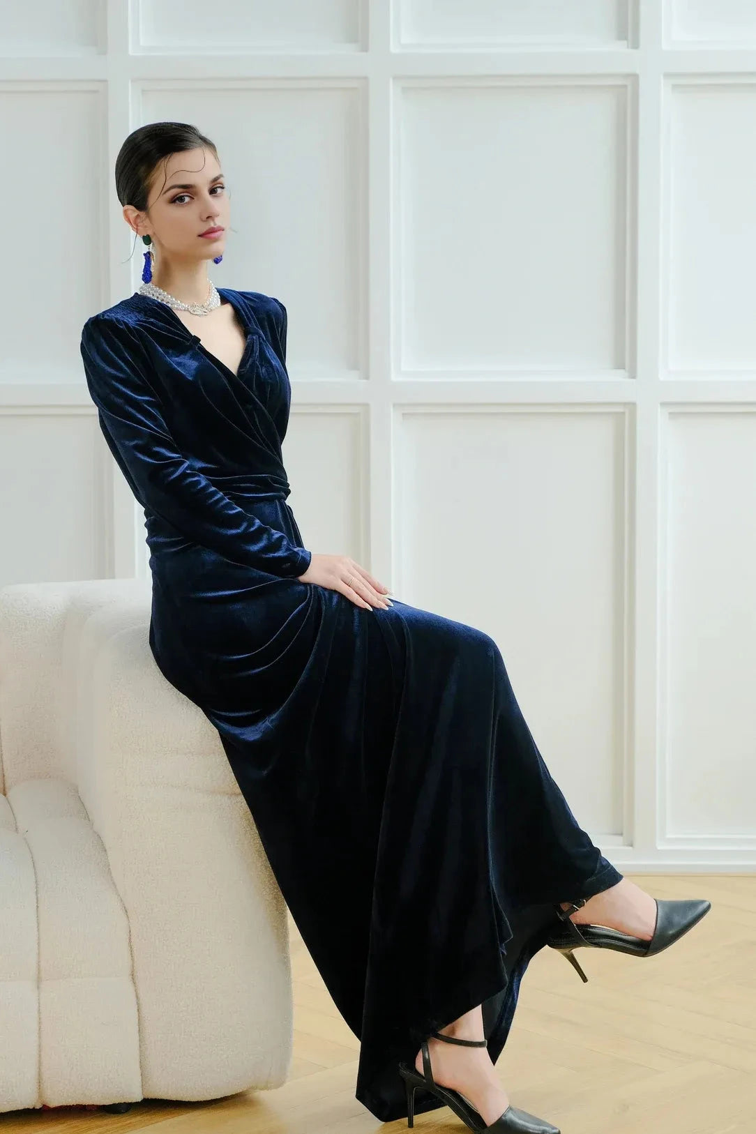 Vestido de terciopelo con hombros fruncidos | Vestidos de noche de manga larga, vestido formal de fiesta, vestido de terciopelo de invierno, vestido de dama de honor, vestido de graduación